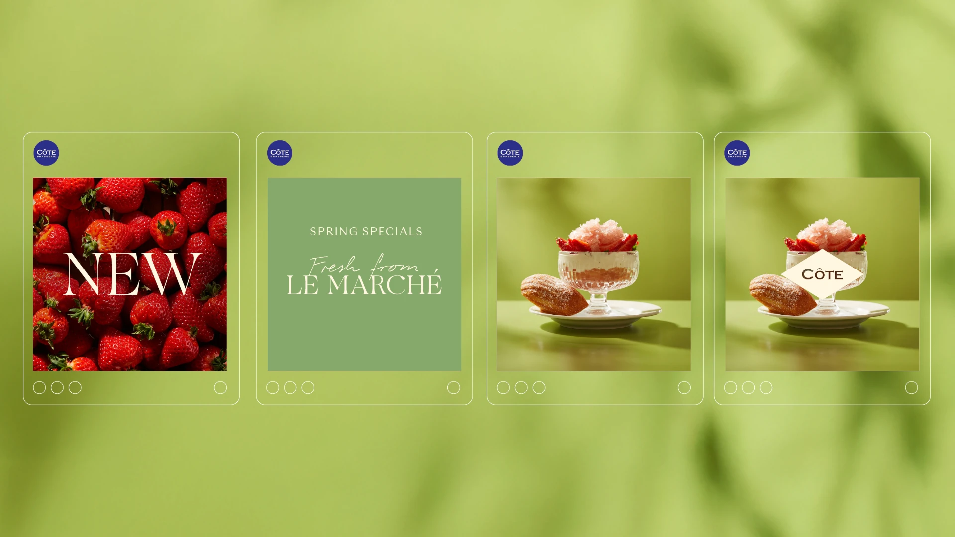 Côte spring specials social frames — strawberries, a Le Marché title card and a strawberry trifle.