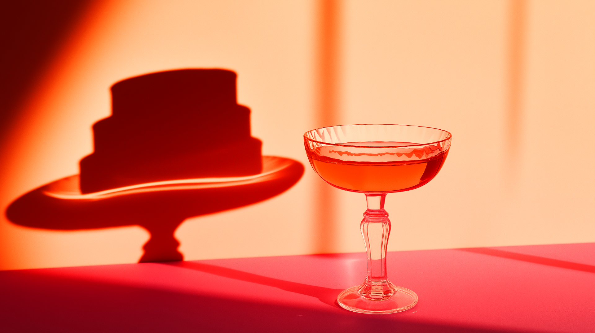A vibrant cocktail glass in warm amber and pink light, with a tiered cake silhouette in the background.