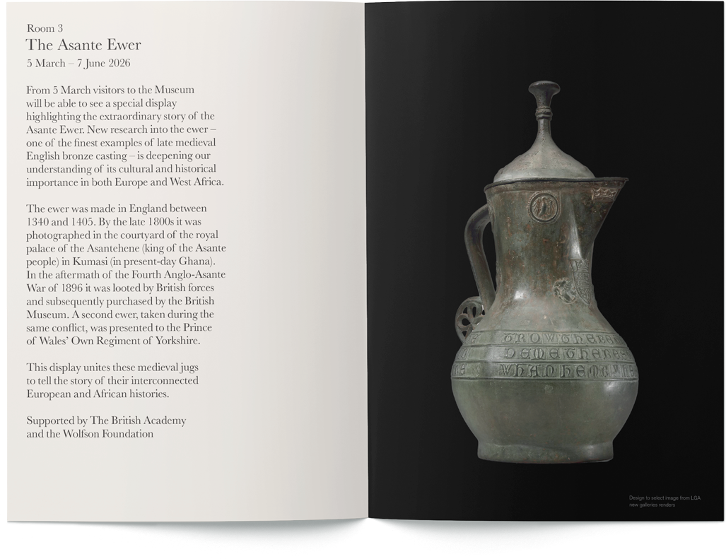 Full-bleed black brochure spread showing three hand-painted plaster casts of details from the Bayeux Tapestry.