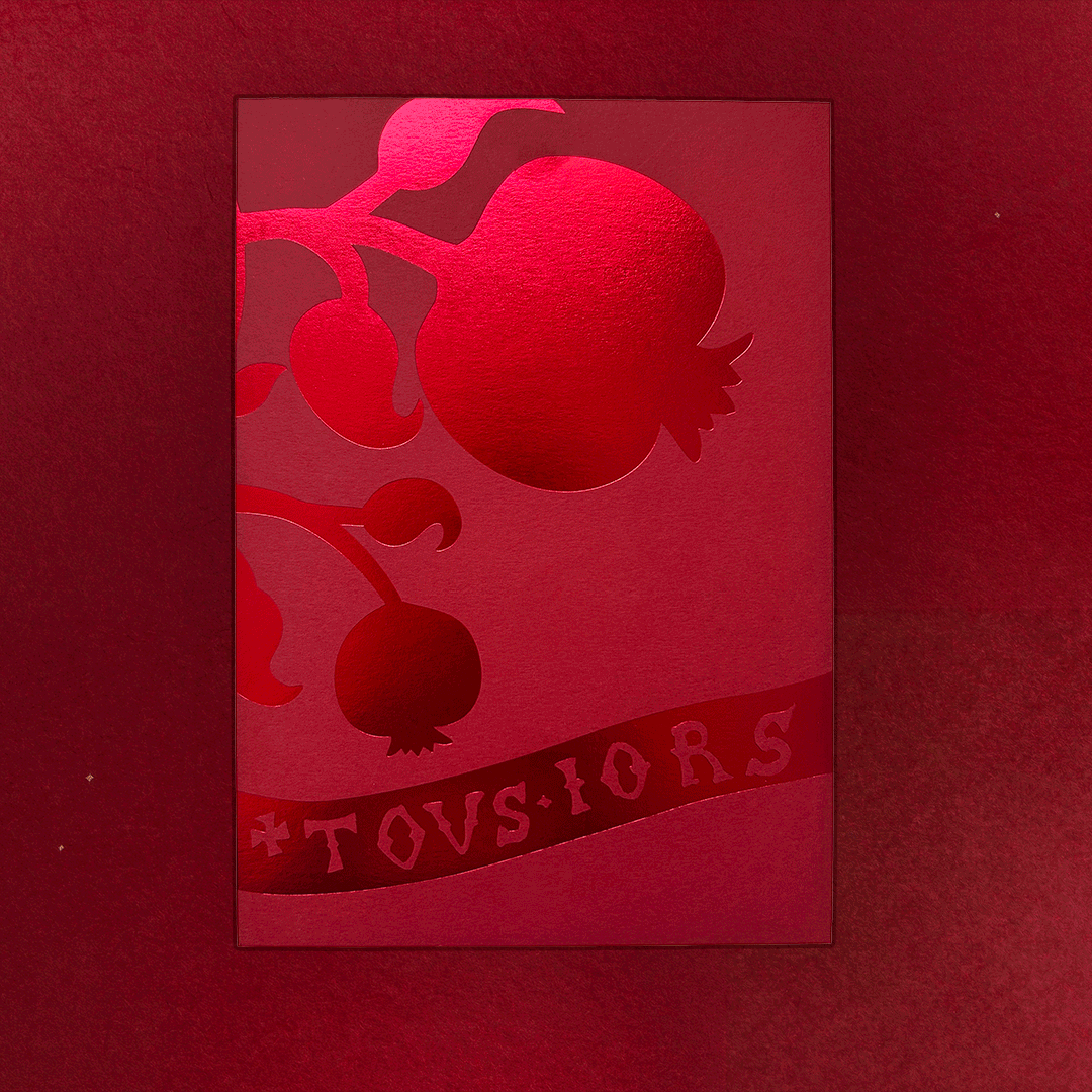 Deep red invitation sleeve with pomegranate and the motto 'tousiors' picked out in metallic red foil.