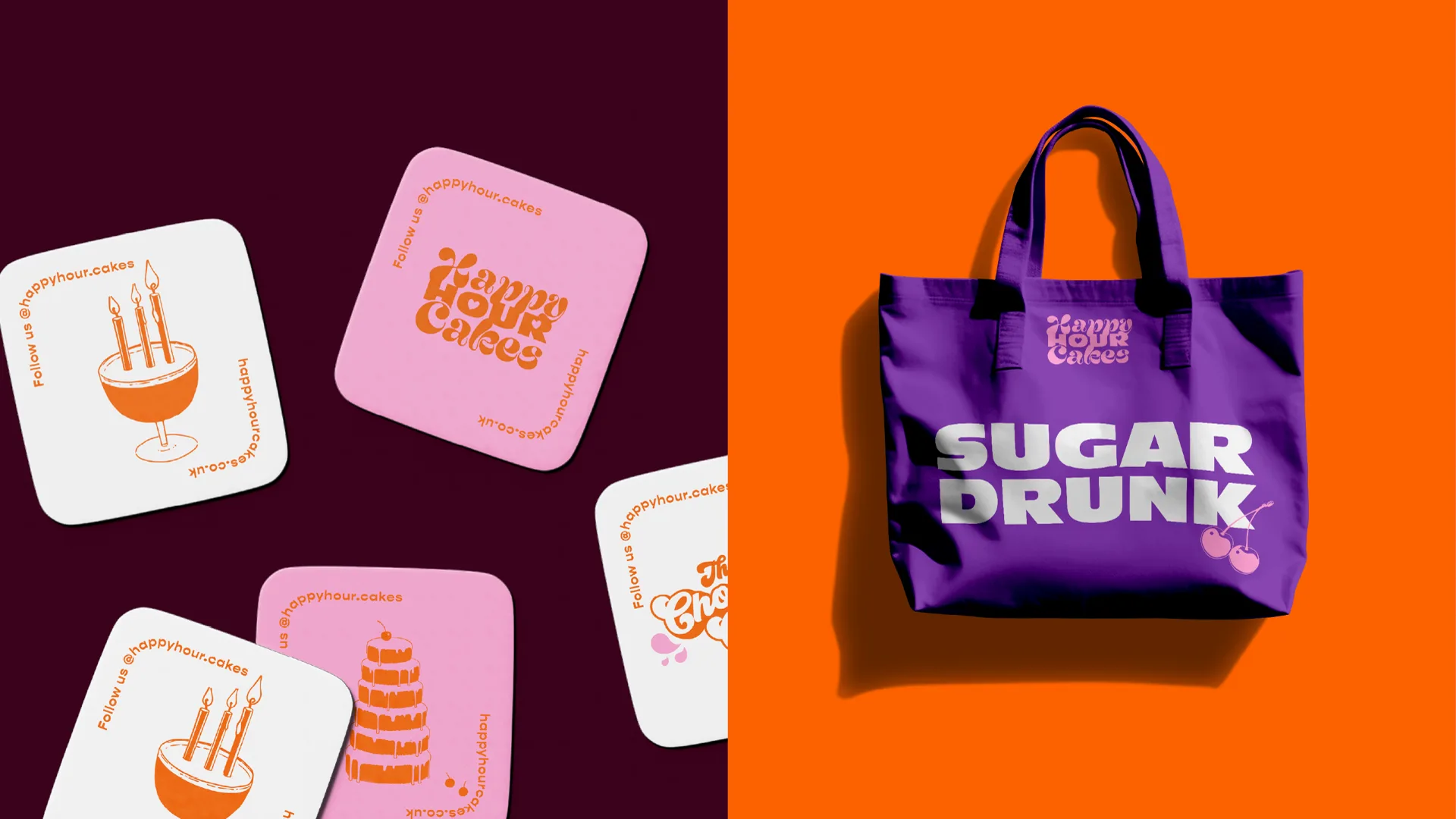 Happy Hour Cakes branded coasters with line-drawn cakes alongside a purple Sugar Drunk tote bag on an orange background.
