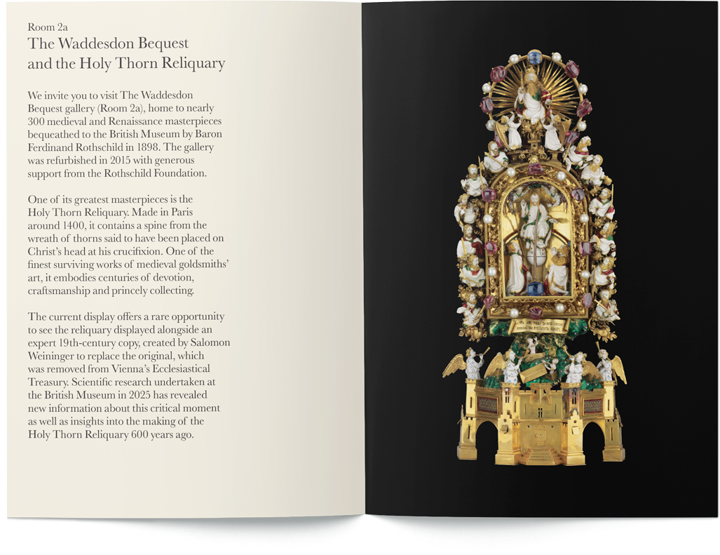 Brochure spread on red velvet introducing Room 1, the Enlightenment gallery, with a photograph of the gallery interior.