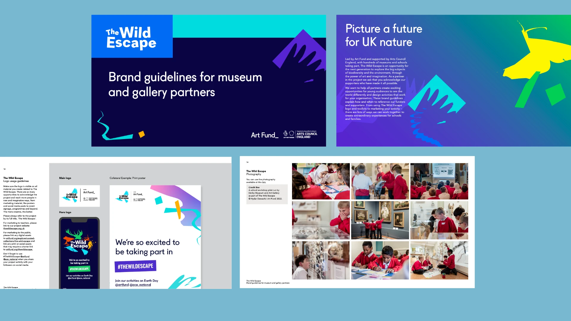 Brand guidelines spreads for The Wild Escape museum and gallery partners