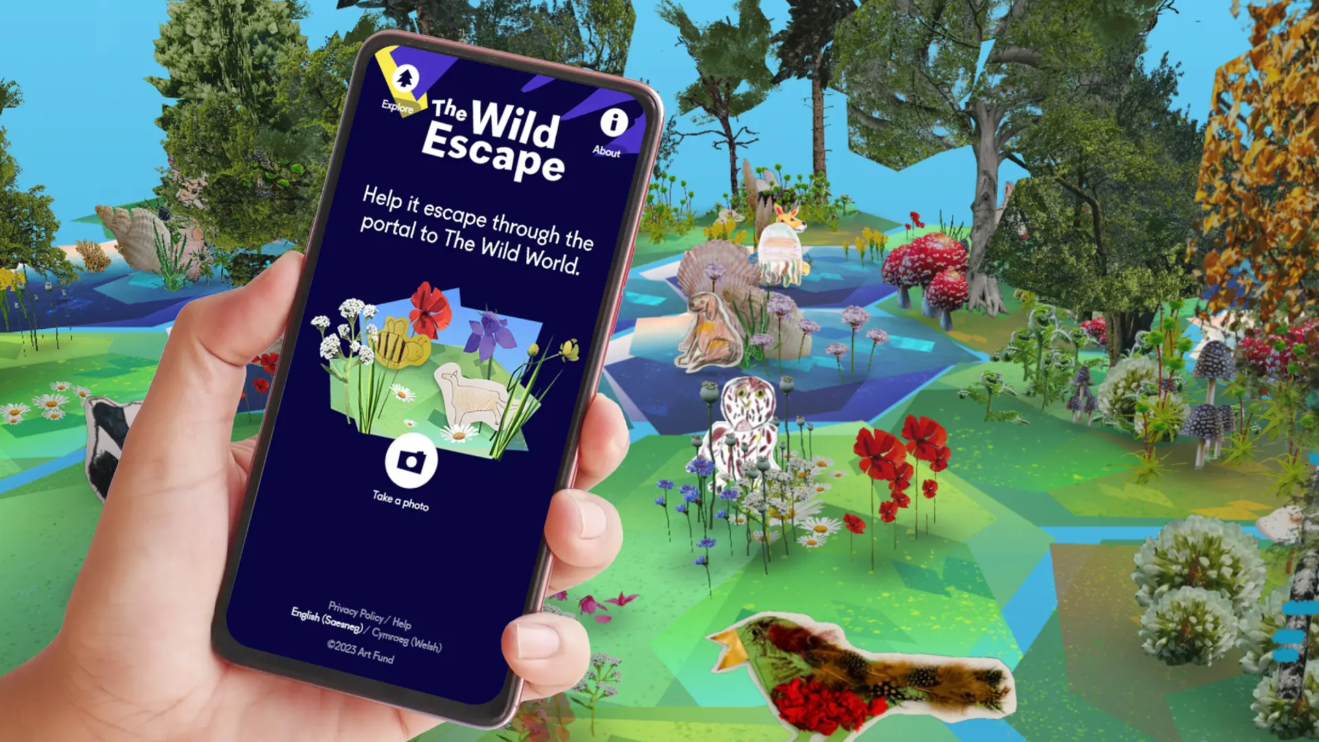 The Wild Escape augmented reality app held in a hand over a digitally generated wild landscape