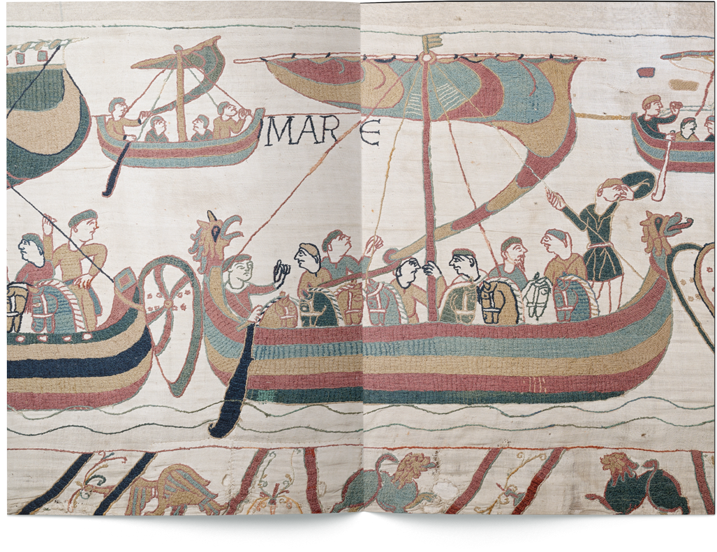 Full-bleed brochure spread reproducing a section of the Bayeux Tapestry with Norman ships crossing the sea.
