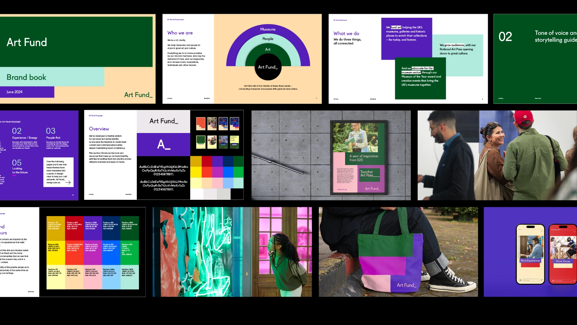 Spreads from the Art Fund brand book alongside colour palettes, poster and social applications of the new identity.