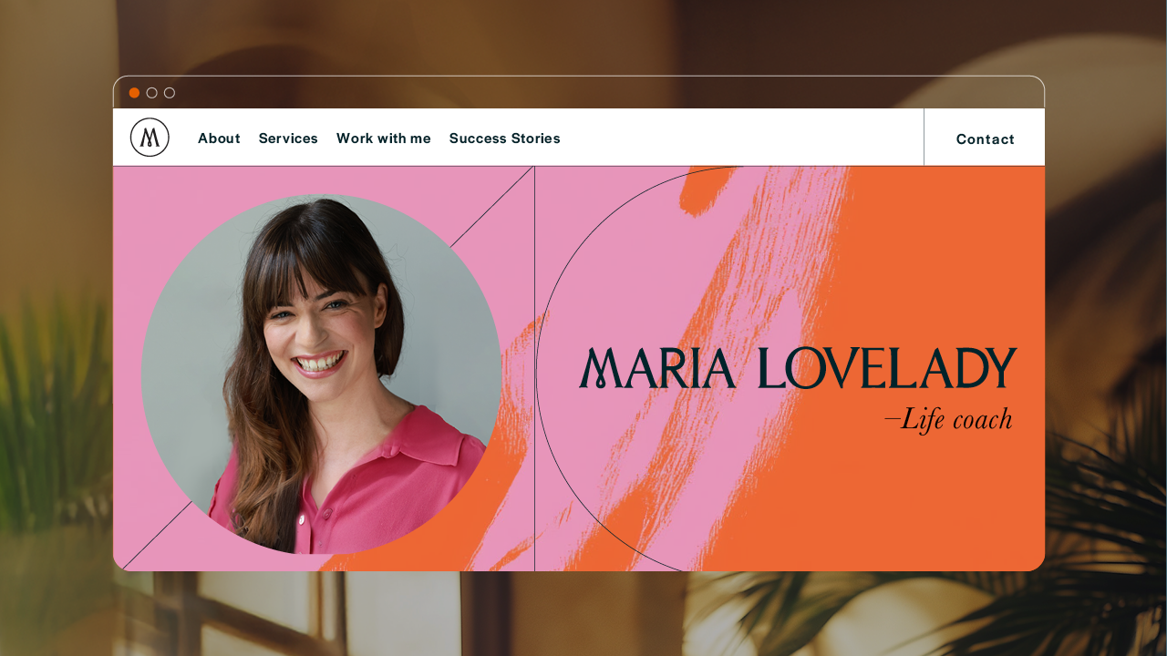 Maria Lovelady website homepage in blood orange with portrait and wordmark
