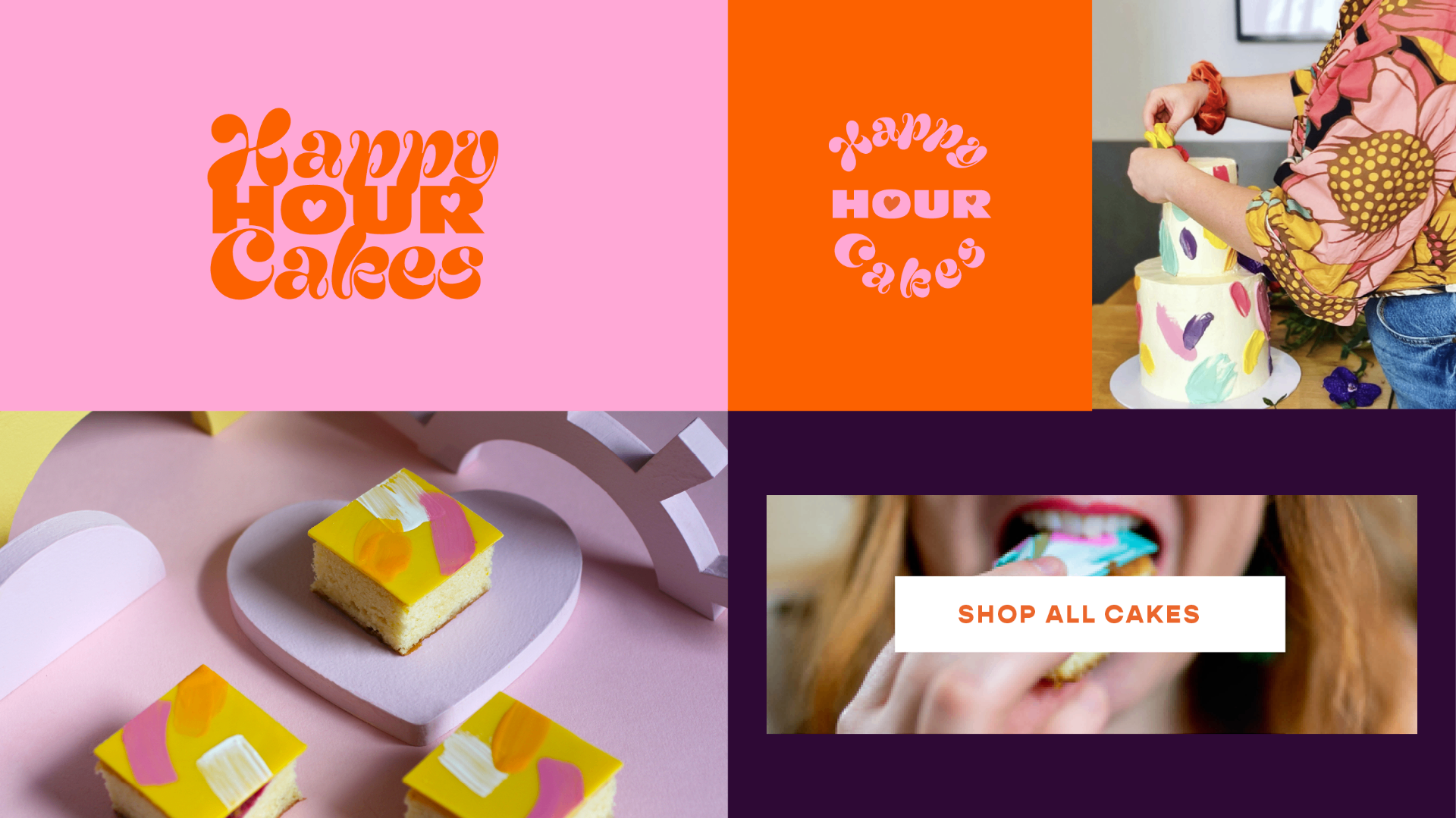 Happy Hour Cakes brand grid — logo lockups, cake decoration and shop-all-cakes call to action.
