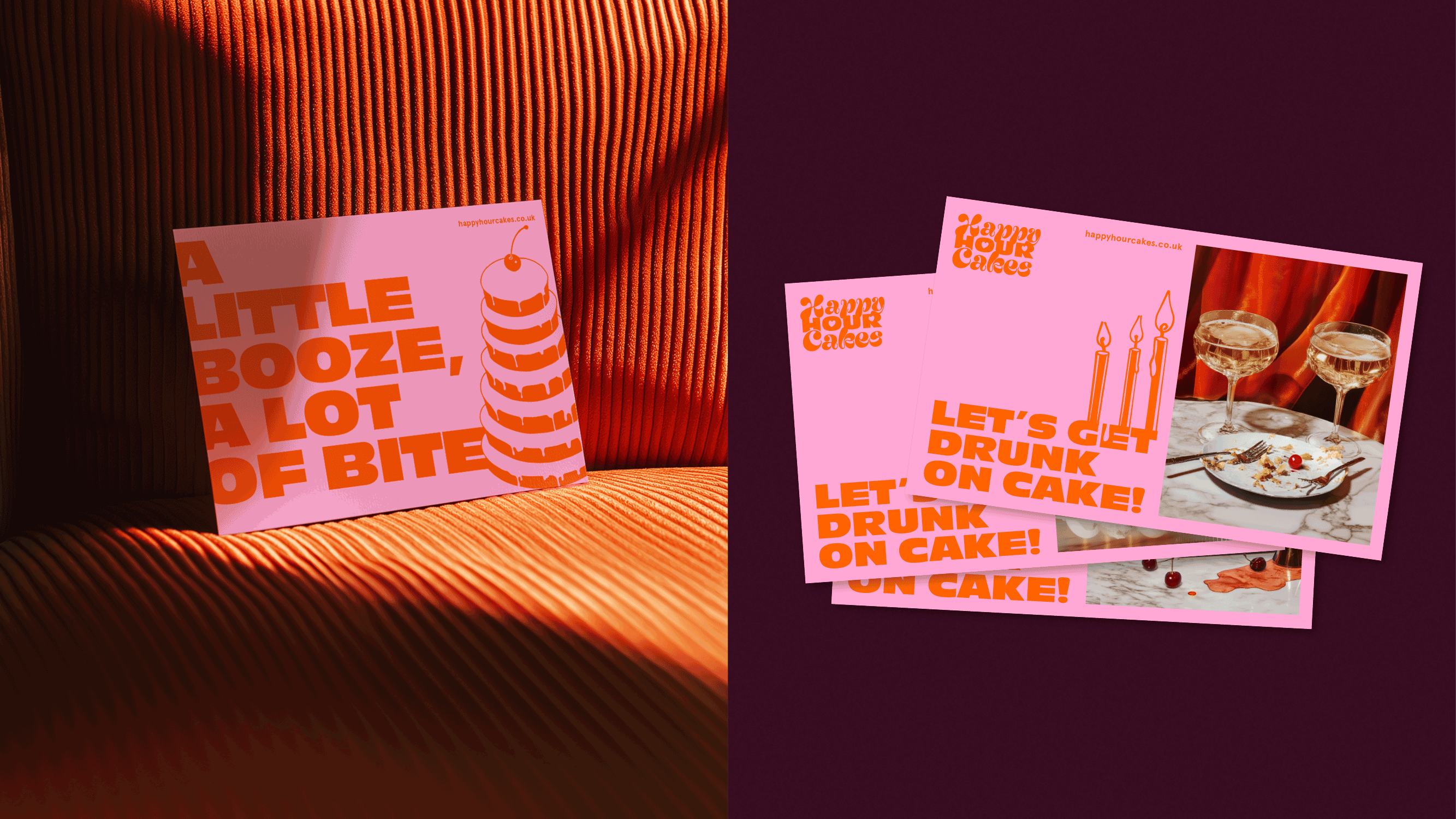 Happy Hour Cakes promotional postcards in pink and orange with bold typography.