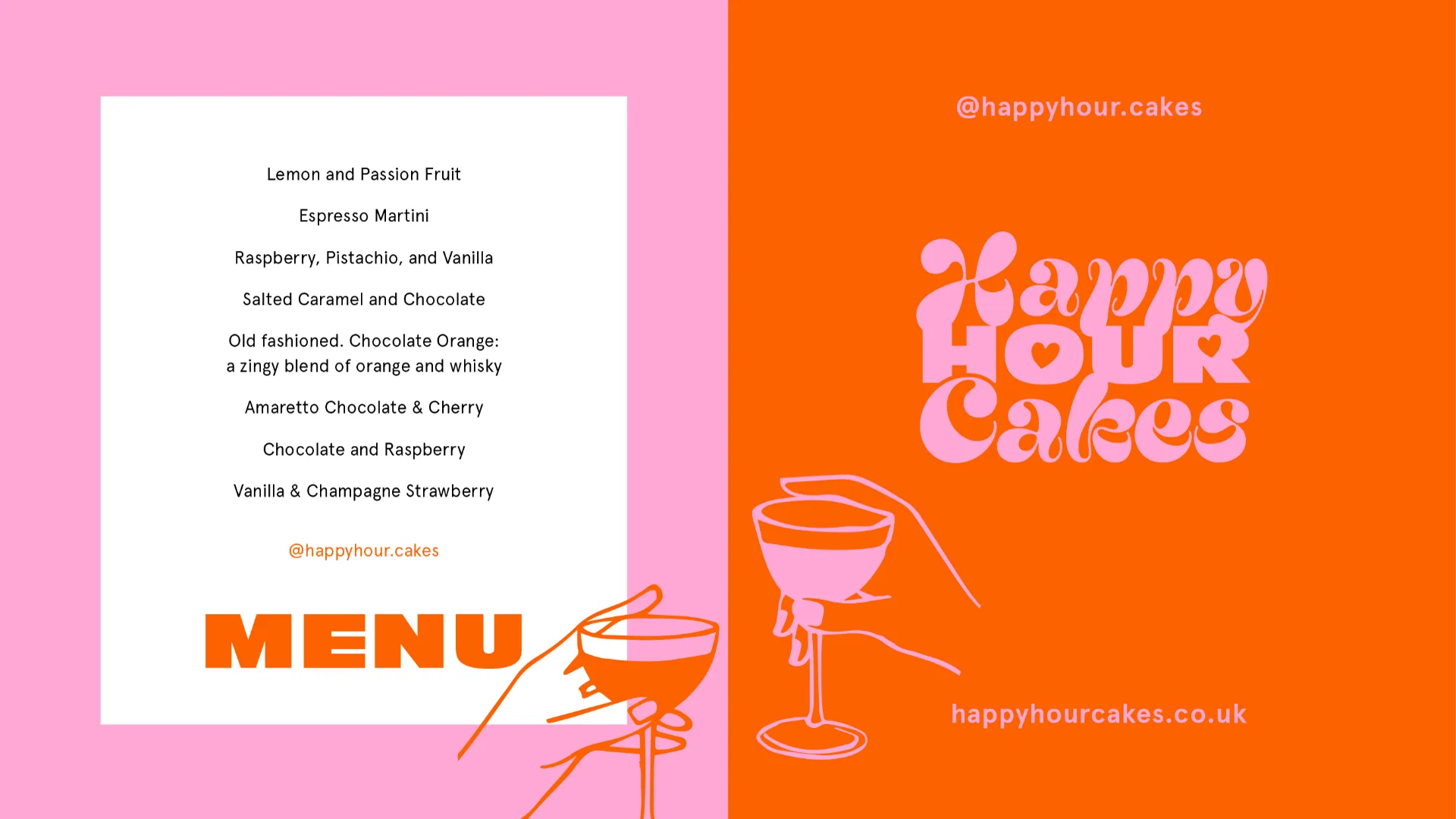 Happy Hour Cakes menu of boozy cake flavours set in pink and orange brand colours.
